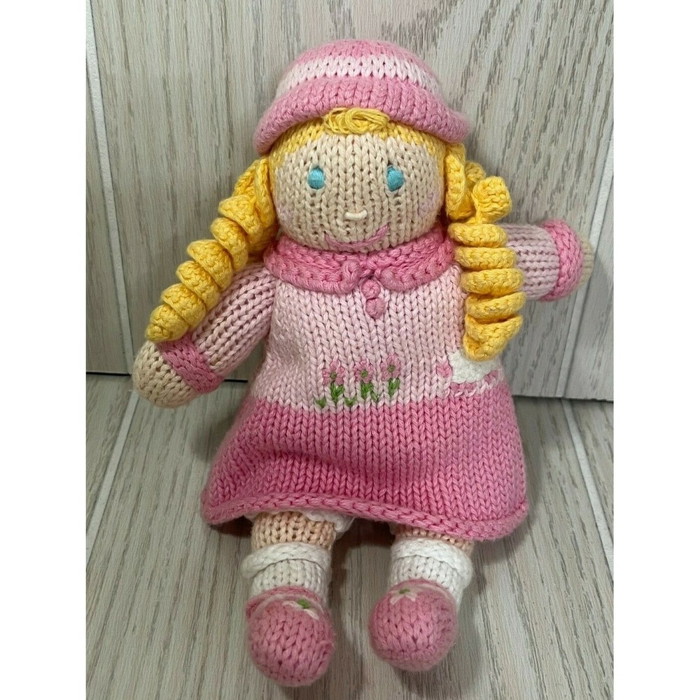 Zubels Little "Bow" Peep hand-knit knitted pink dress baby rattle plush Bo doll